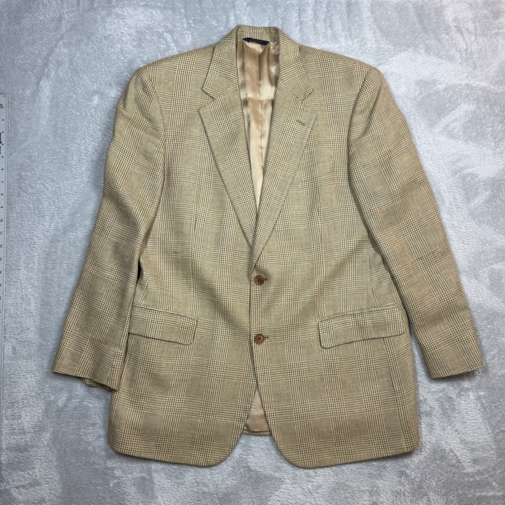 Brooks Brothers Blazer Mens 42 Tan Plaid Wool Silk Linen Sport Coat Y2K